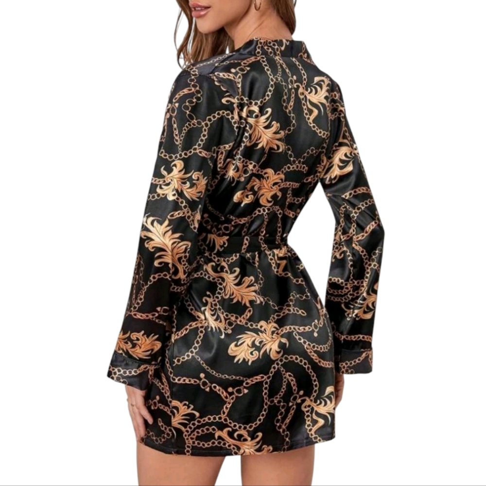⛓️ Baroque Chain Print Belted Satin Robe Size Small - Picture 2 of 5